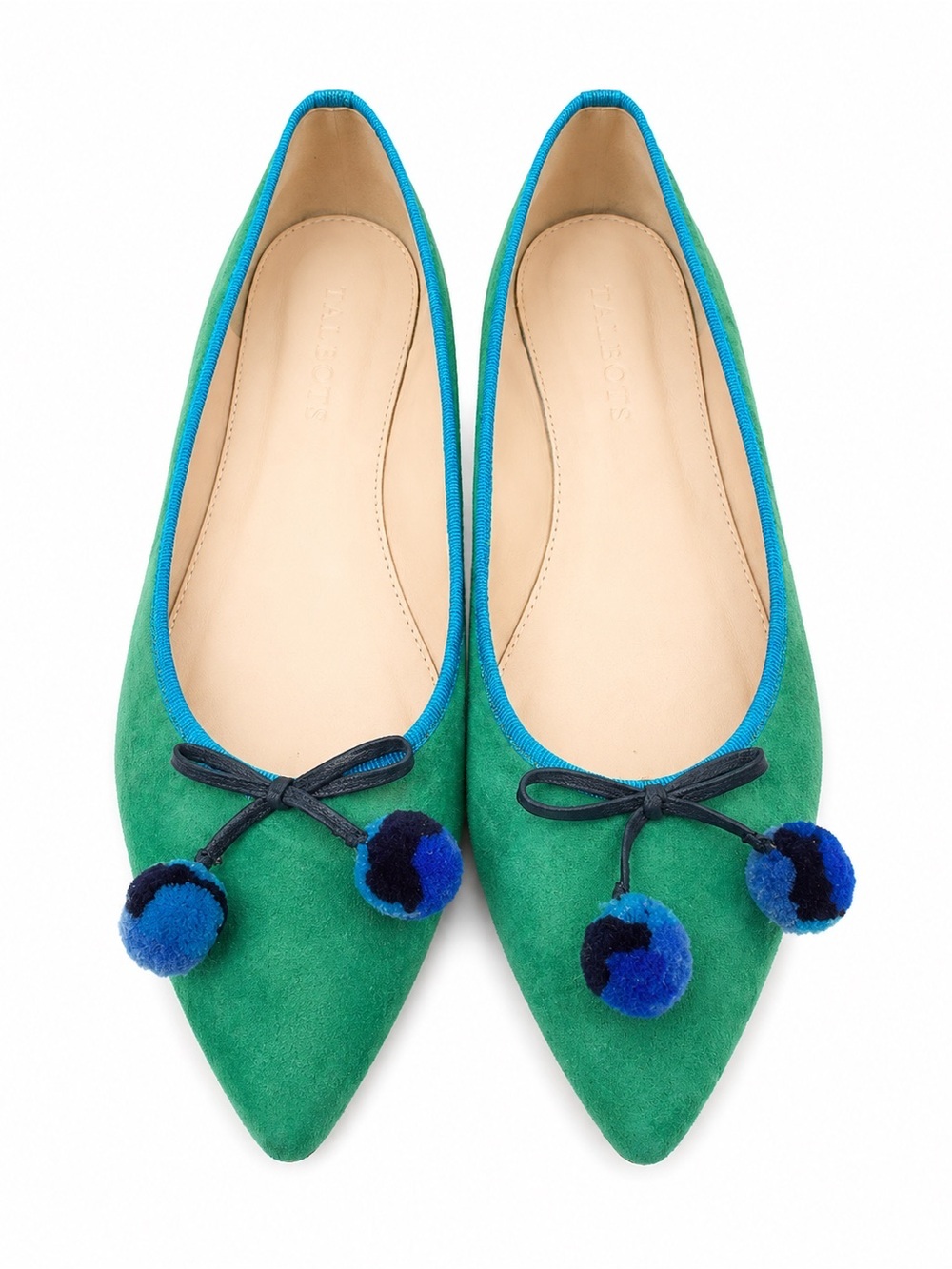 J.Crew Women’s Blue & Green Suede Pointed Toe Pom Pom Ballet Flats. Size: 8.5